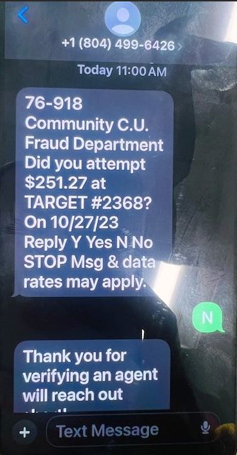 Screenshot of fraudulent text | ccu florida